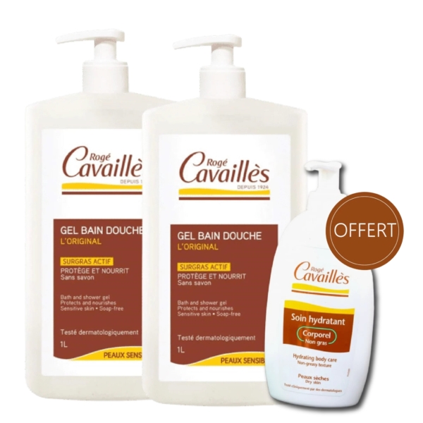 Deux flacons de gel douche Rogé Cavaillès L'Original avec pompe sont présentés. Un flacon plus petit de lait corporel Rogé Cavaillès, étiqueté « soin hydratant », se trouve à droite, avec le texte promotionnel « OFFRE ». Tous les produits sont destinés aux peaux sensibles. Dakar
