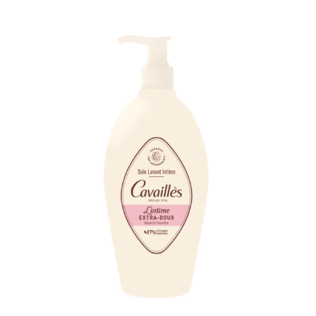 Flacon de gel lavant intime Cavaillès Intime Extra-Doux, muni d'une pompe. L'étiquette est ovale, sur fond rose, avec un texte marron. Le flacon est de couleur crème. Dakar