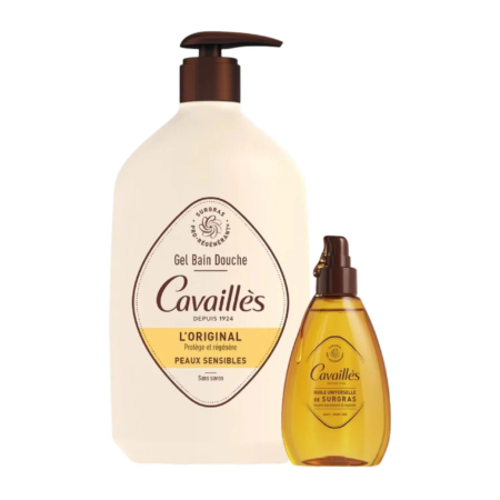 Deux flacons de soins Cavaillès : un grand flacon blanc avec pompe étiqueté « Gel Bain Douche » et un flacon ambré transparent plus petit avec pompe étiqueté « Huile Lavante Surgras ». Tous deux sont conçus pour les peaux sensibles. Dakar