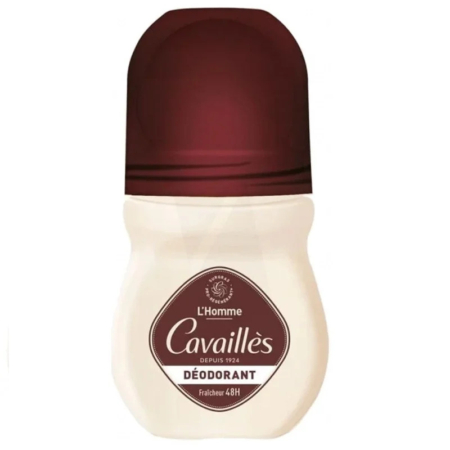 Un déodorant à bille au bouchon bordeaux et au corps crème. L'étiquette porte l'inscription « Cavaillès L'Homme Déodorant ». Le texte indique qu'il offre une fraîcheur de 48 heures. Dakar