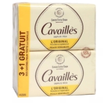 Coffret de quatre savons Cavaillès, étiquetés « L'Original ». L'emballage souligne son adéquation aux peaux sensibles et mentionne 93 % d'ingrédients d'origine naturelle. Une promotion 3+1 est affichée sur le côté gauche. Dakar