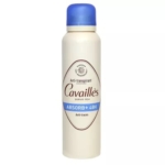 Une bouteille d'antitranspirant Cavaillès est présentée. Son corps est beige et son bouchon est bleu. L'étiquette indique « Absorb + 48 H » et « Anti-traces ». Son design est simple, avec un emblème « Depuis 1924 ». Dakar
