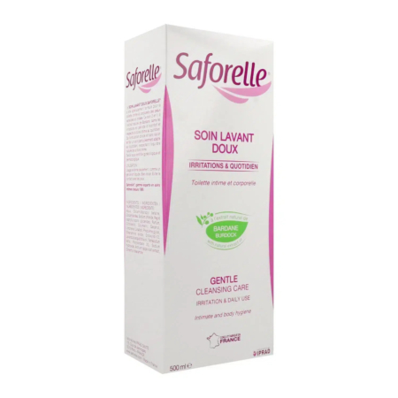 Boîte blanche et rose de Saforelle Soin Lavant Doux pour l'hygiène intime et corporelle. L'emballage est imprimé en français et en anglais, soulignant son utilisation quotidienne et son action irritante. Contient de la bardane. Fabriqué en France, 500 ml. Dakar