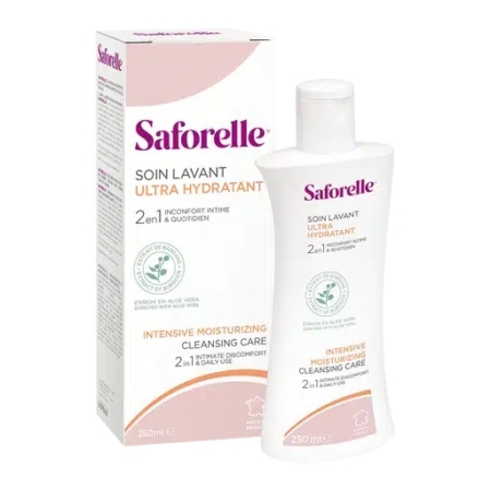 Un flacon de Soin Lavant Hydratant Intensif Saforelle se trouve à côté de la boîte. Son emballage blanc et rose souligne qu'il s'agit d'un produit 2-en-1 pour les sensations intimes et un usage quotidien, aux propriétés hydratantes et à l'aloe vera. Dakar