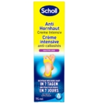 La Crème Pieds Anti Callosités Intensive en 7 Jours Scholl 75 ml, dans un emballage jaune et bleu avec des images de pieds lisses, offre des résultats visibles en 7 jours en utilisant les acides salicylique et lactique, atteignant une efficacité similaire à Svr Xerial 50. Le texte est en allemand et en français. Dakar