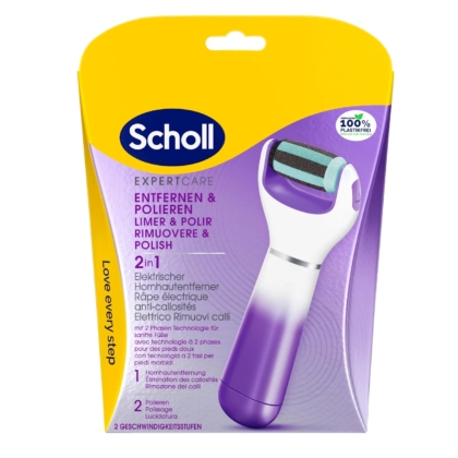 Emballage de la Râpe Électrique 2 en 1 Exfoliante et Lissante Scholl Expert Care. La boîte présente une râpe à pieds violette et blanche avec tête rotative sur un fond violet et jaune vif, soulignant ses propriétés exfoliantes et lissantes. Dakar