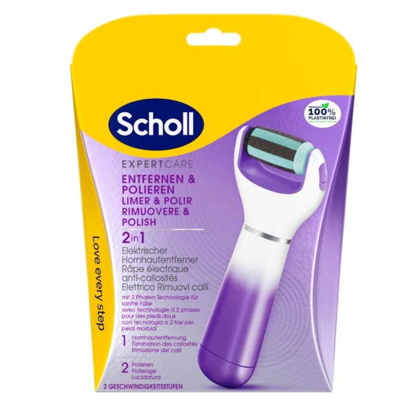 Emballage de la Râpe Électrique 2 en 1 Exfoliante et Lissante Scholl Expert Care. La boîte présente une râpe à pieds violette et blanche avec tête rotative sur un fond violet et jaune vif, soulignant ses propriétés exfoliantes et lissantes. Dakar