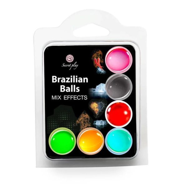 Emballage des boules brésiliennes Mix Effects de Secret Play. Le paquet contient six boules colorées dans un étui en plastique avec un insert noir. Chaque boule est d'une couleur différente : rose, gris, orange, rouge, vert et bleu. Dakar