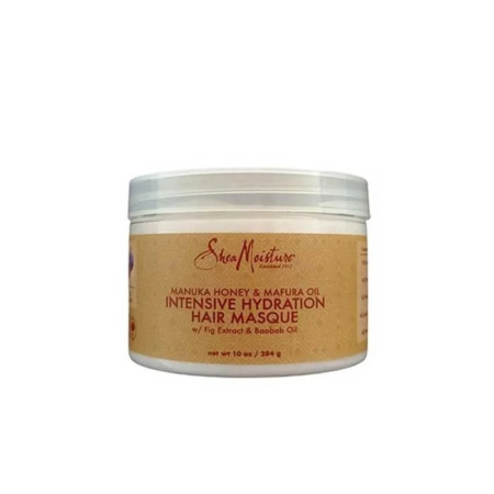 Un pot de masque capillaire SheaMoisture Hydratation Intense au miel de Manuka et à l'huile de Mafura. Le contenant est de couleur crème avec une étiquette marron indiquant qu'il contient de l'extrait de figue et de l'huile de baobab. Le pot contient 284 g. Dakar