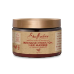 Pot marron de masque capillaire SheaMoisture Hydratation Intense au miel de Manuka et à l'huile de mafura. L'étiquette met en avant des ingrédients comme l'extrait de figue et l'huile de baobab. Le couvercle du pot est doré et il contient 354 ml de produit. Dakar