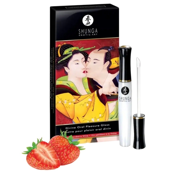 L'emballage du gloss Shunga Erotic Art Divine Oral Pleasure présente une illustration d'un couple en tenue traditionnelle japonaise. Le produit est accompagné de fraises fraîches, évoquant un arôme de vin de fraise. Dakar