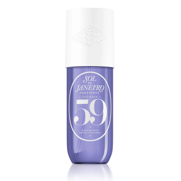 Un flacon bleu de parfum Sol de Janeiro avec un bouchon blanc. L'étiquette affiche « SOL DE JANEIRO » en blanc, suivi de « 59 » en gros caractères. Le flacon présente un design épuré avec un logo en forme de losange sur le bouchon. Dakar