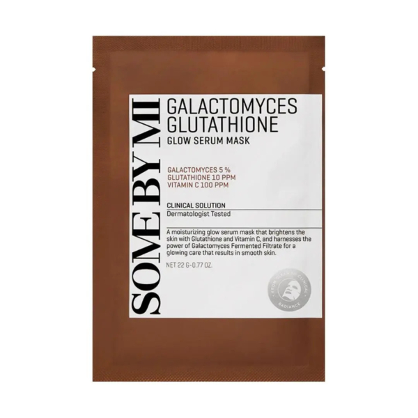 L'image montre un sachet marron contenant un masque sérum éclat « Some By Mi ». L'étiquette porte la mention « Glutathion Galactomyces », et les ingrédients clés sont : 5 % de Galactomyces, 10 ppm de glutathion et 100 ppm de vitamine C. Le masque est testé dermatologiquement. Dakar