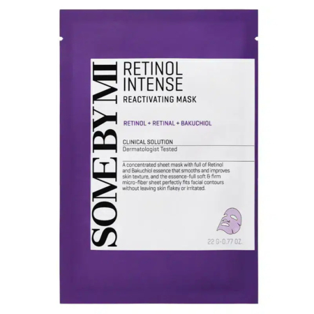Sachet violet du Masque Réactivant Intense au Rétinol « Some By Mi ». L'étiquette met en avant le rétinol, le rétinal, le bakuchiol et des propriétés testées dermatologiquement. Illustration d'un masque et description des propriétés lissantes et raffermissantes. Dakar