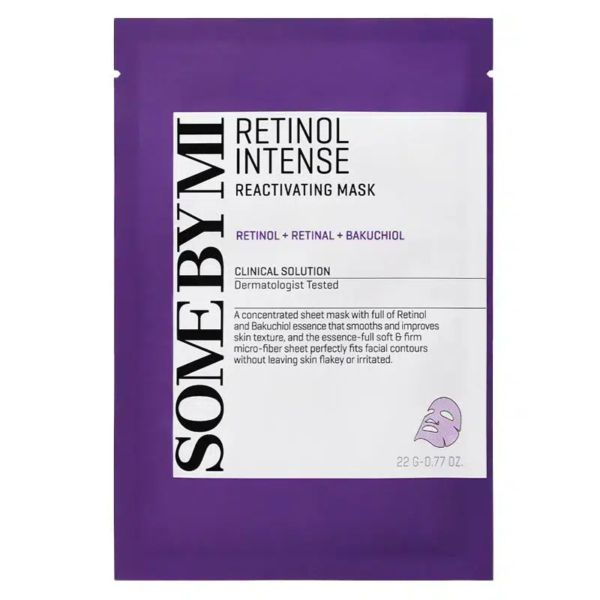 Sachet violet du Masque Réactivant Intense au Rétinol « Some By Mi ». L'étiquette met en avant le rétinol, le rétinal, le bakuchiol et des propriétés testées dermatologiquement. Illustration d'un masque et description des propriétés lissantes et raffermissantes. Dakar