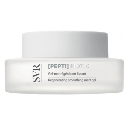 Un pot de Gel Mat Lissant Régénérant Biotique SVR [PEPTI]. Le contenant est blanc, avec un design minimaliste et un texte noir décrivant le produit comme un gel mat régénérant et lissant. Dakar