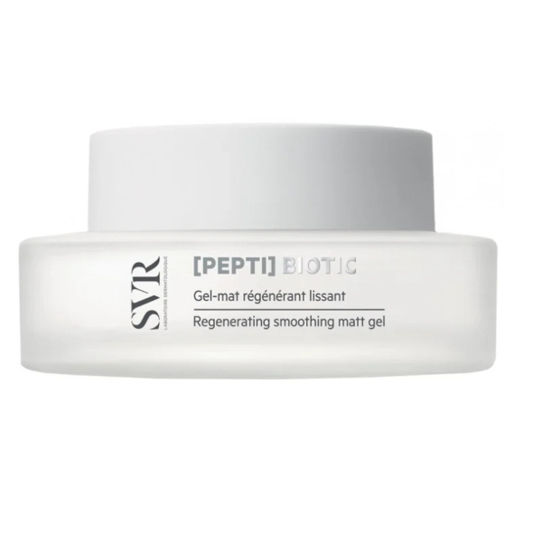 Un pot de Gel Mat Lissant Régénérant Biotique SVR [PEPTI]. Le contenant est blanc, avec un design minimaliste et un texte noir décrivant le produit comme un gel mat régénérant et lissant. Dakar