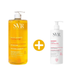 Deux produits de soin SVR : à gauche, un grand flacon d'huile nettoyante Topialyse avec pompe ; à droite, un flacon de crème émolliente Topialyse avec pompe. Un signe plus jaune sépare les produits. Dakar