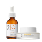 Un flacon compte-gouttes marron étiqueté « SVR C Ampoule Anti-Ox » côtoie un pot blanc étiqueté « SVR Collagen Biotic ». Tous deux sont des produits de soin anti-âge et éclat. Dakar