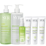 Une collection de soins SVR Sebiaclear, comprenant deux flacons pompe, un spray et trois tubes. L'emballage est blanc et vert, avec des étiquettes détaillant différents soins purifiants et éclaircissants. Dakar