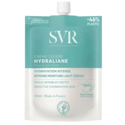 Un sachet turquoise de 50 ml de SVR Hydraliane Crème Légère Hydratation Intense, conçu pour les peaux mixtes sensibles. Son emballage souligne qu'il utilise 46 % de plastique en moins et qu'il est fabriqué en France. Dakar