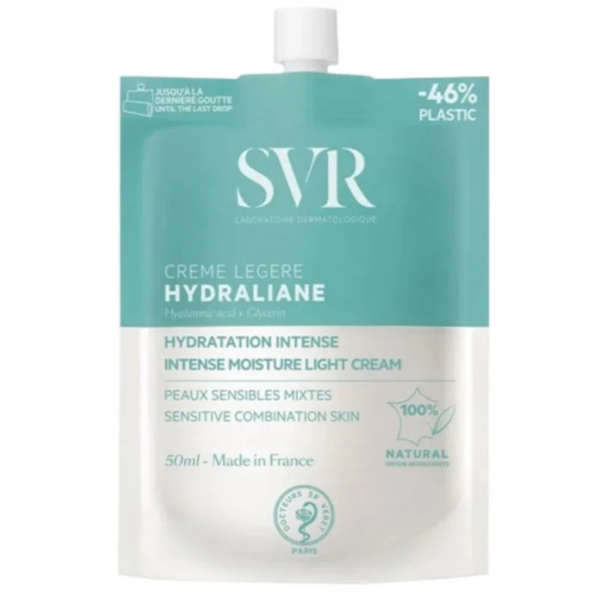 Un sachet turquoise de 50 ml de SVR Hydraliane Crème Légère Hydratation Intense, conçu pour les peaux mixtes sensibles. Son emballage souligne qu'il utilise 46 % de plastique en moins et qu'il est fabriqué en France. Dakar