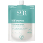 Pochette de crème Hydraliane Intense Hydratante SVR à l'acide hyaluronique et à la glycérine. Coloris vert et blanc, mentionnant 46 % de plastique en moins et soulignant son adéquation aux peaux sensibles. Contenance : 50 ml. Fabriqué en France. Dakar