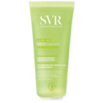 Tube vert de crème nettoyante SVR Sebiaclear. Son emballage met en avant ses propriétés hydratantes, anti-dessèchement et anti-imperfections, indiquant qu'elle convient aux peaux grasses ou à tendance acnéique. 200 ml, produit fabriqué en France. Dakar