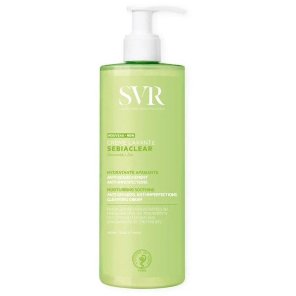 Flacon pompe vert de crème nettoyante SVR Sebiaclear, étiqueté en français, conçu pour hydrater, apaiser et lutter contre les imperfections des peaux grasses et à tendance acnéique. Contient de la niacinamide et du zinc. Format 400 ml. Dakar