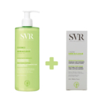 Image des produits pour le visage SVR Sebiaclear. À gauche, un flacon pompe vert étiqueté « Crème Lavante Sebiaclear ». À droite, une boîte blanche étiquetée « Hydra Sebiaclear ». Un signe plus est présent entre les articles, indiquant un coffret promotionnel. Dakar