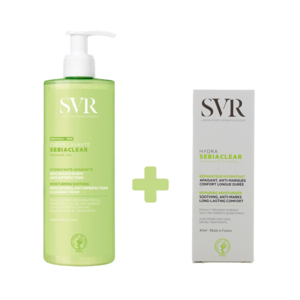 Image des produits pour le visage SVR Sebiaclear. À gauche, un flacon pompe vert étiqueté « Crème Lavante Sebiaclear ». À droite, une boîte blanche étiquetée « Hydra Sebiaclear ». Un signe plus est présent entre les articles, indiquant un coffret promotionnel. Dakar