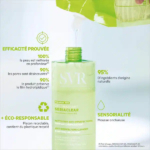 Un flacon vert de gel nettoyant Sebiaclear, avec un texte soulignant ses caractéristiques : efficacité prouvée, 95 % d'ingrédients naturels, emballage écologique et texture mousseuse. Le liquide est versé dans le flacon ouvert. Dakar