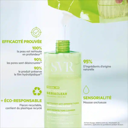 Un flacon vert de gel nettoyant Sebiaclear, avec un texte soulignant ses caractéristiques : efficacité prouvée, 95 % d'ingrédients naturels, emballage écologique et texture mousseuse. Le liquide est versé dans le flacon ouvert. Dakar