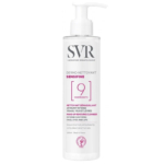 Flacon pompe transparent du nettoyant Sensifine de SVR Laboratoire Dermatologique. L'étiquette le présente comme un nettoyant démaquillant visage, yeux et lèvres, contenant 9 ingrédients. Convient aux peaux sensibles. Contenance : 200 ml. Fabriqué en France. Dakar