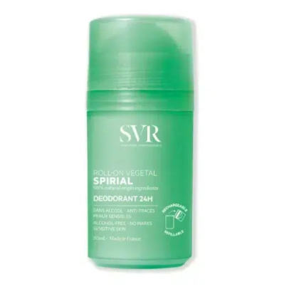 Un flacon vert de déodorant bille SVR Spirial. Son emballage met en avant des caractéristiques telles qu'une efficacité 24 heures, sans alcool, anti-traces et adapté aux peaux sensibles. Fabriqué en France, il est doté d'un bouchon recyclable. Dakar