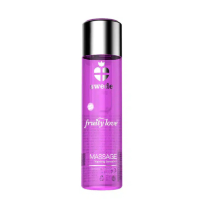 Un flacon rose transparent de gel de massage chauffant « Fruity Love » de Swede. Il arbore un logo et un texte blancs, ainsi qu'un bouchon argenté brillant. Dakar