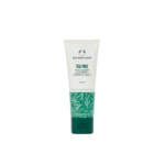 Tube de nettoyant visage purifiant à l'arbre à thé The Body Shop, 75 ml. Bouchon blanc avec étiquette verte ornée d'illustrations de feuilles d'arbre à thé. Convient aux peaux à imperfections et favorise la purification. Dakar