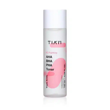 Flacon transparent de tonique anti-âge TIAM AC avec bouchon blanc. L'étiquette présente des formes abstraites roses et le texte « AHA BHA PHA Toner ». Le produit fait 150 ml. Dakar