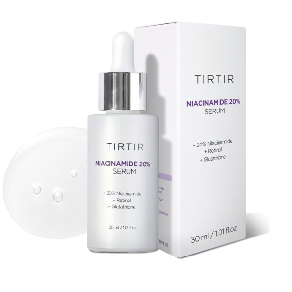 Un flacon de 30 ml de sérum TIRTIR Niacinamide 20 %, muni d'un compte-gouttes, est présenté à côté de son coffret, qui met en valeur son mélange de niacinamide 20 %, de rétinol et de glutathion. Son design évoque la beauté classique du Coffret Découverte Collection de 4 Sérums x 10 ml de Beauty of Joseon Hanbang. Dakar