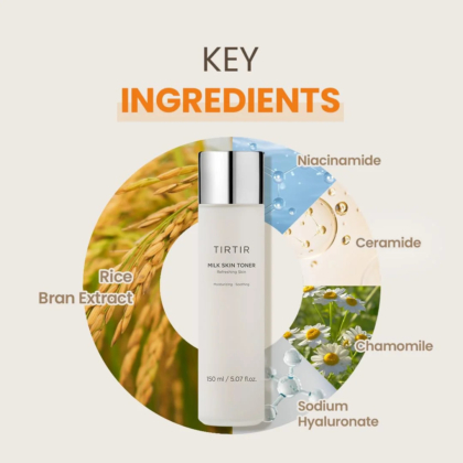 Image du lait tonique TIRTIR avec ses ingrédients clés : extrait de son de riz, niacinamide, céramide, camomille et hyaluronate de sodium. Le flacon est centré sur un fond présentant ces ingrédients avec des visuels descriptifs. Dakar