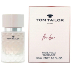 Coffret parfum Tom Tailor, composé d'un coffret et d'un flacon, signé « Pour Elle ». Le coffret arbore le logo et le texte de la marque, décrivant une eau de toilette naturelle en vaporisateur de 30 ml. Le flacon présente un design texturé et un bouchon clair. Dakar