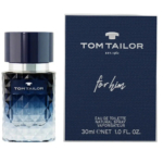 Un flacon de 30 ml d'eau de toilette Tom Tailor « pour lui ». Le flacon présente un motif dégradé du foncé au clair et un bouchon foncé. L'emballage affiche le logo et le nom de la marque en blanc sur fond bleu marine. Dakar
