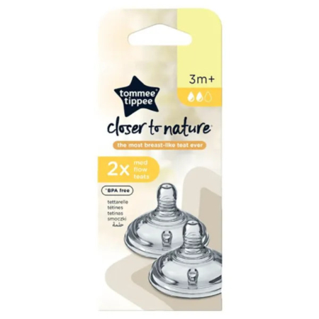 Emballage de tétines Tommee Tippee Closer to Nature à débit moyen pour les bébés de 3 mois et plus. Comporte une photo de deux tétines et les mentions « Sans BPA » et « 2x ». L'emballage est blanc et beige avec le logo de la marque. Dakar