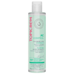 Un flacon de 200 ml d'Eau Micellaire Purifiante Topicrem AC Control. Son packaging transparent, avec son bouchon blanc et son étiquette verte, met en valeur ses ingrédients purifiants et naturels, adaptés au démaquillage waterproof. Dakar