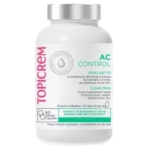 Flacon blanc étiqueté « TOPICREM AC Control Peau Claire », contenant 60 gélules. L'étiquette mentionne des extraits de bardane et d'ortie, ainsi que des vitamines et du zinc. Conçu pour les peaux mixtes à grasses. Dakar