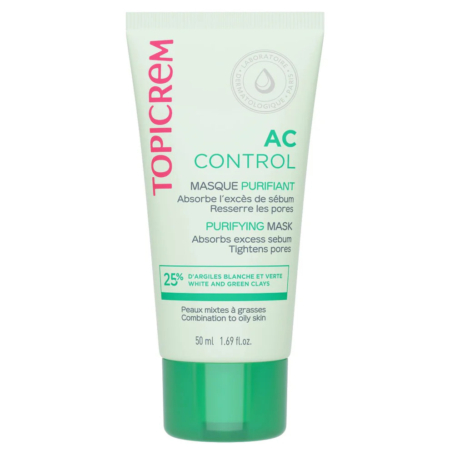 Un tube de Masque Purifiant Topicrem AC Control aux argiles blanche et verte pour peaux mixtes à grasses. Ce tube de 50 ml est accompagné d'un texte en anglais et en français soulignant ses propriétés sébo-absorbantes et resserrantes. Dakar