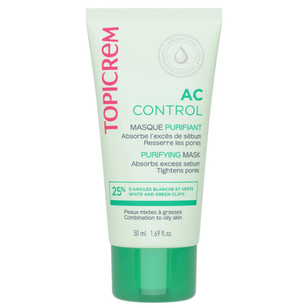 Un tube de Masque Purifiant Topicrem AC Control aux argiles blanche et verte pour peaux mixtes à grasses. Ce tube de 50 ml est accompagné d'un texte en anglais et en français soulignant ses propriétés sébo-absorbantes et resserrantes. Dakar