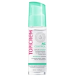 Un flacon de sérum intensif Topicrem AC Control avec une pompe verte. L'étiquette souligne son efficacité : corriger les imperfections, les marques, le sébum et les points noirs. Le flacon contient 34 ml. Dakar