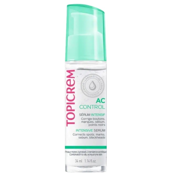 Un flacon de sérum intensif Topicrem AC Control avec une pompe verte. L'étiquette souligne son efficacité : corriger les imperfections, les marques, le sébum et les points noirs. Le flacon contient 34 ml. Dakar