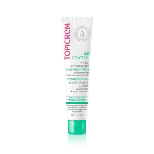 Tube de crème hydratante compensatrice Topicrem AC Control sur fond blanc. Le tube est orné d'un texte rose et vert détaillant ses bienfaits pour hydrater et compenser la sécheresse cutanée due aux traitements. Dakar